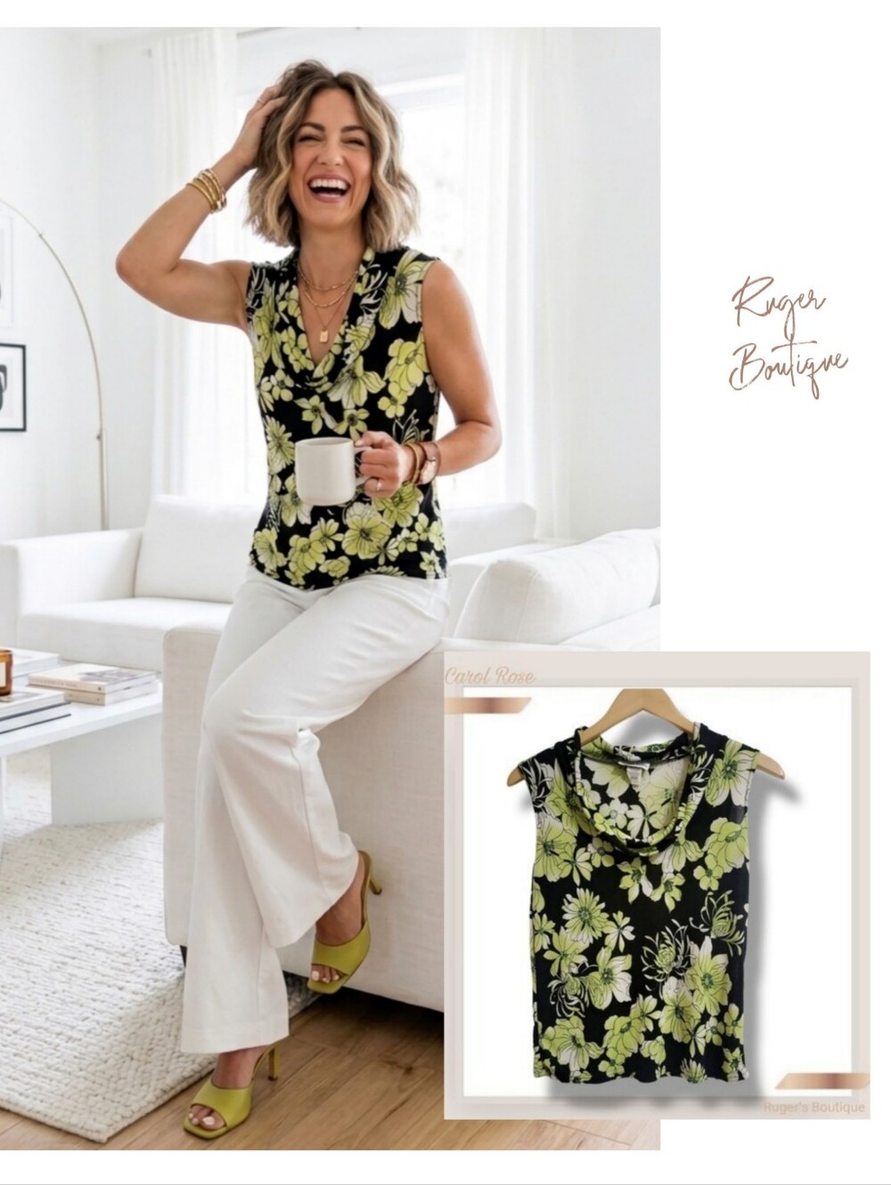 🌿 Women's Medium Y2K Vintage Carol Rose Cowl Neck Sleeveless Floral Top